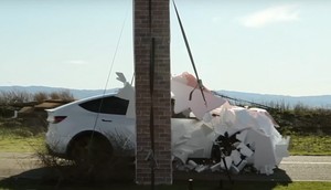 Tesla's Autopilot didn't detect the Wile E Coyote-style painted wall and drove right through it.screenshot/YouTube