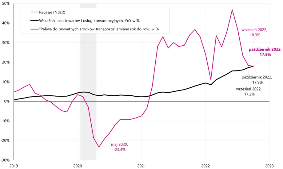 Roczna zmiana cen „Paliwa do prywatnych środków transportu” na tle rocznej zmiany całego koszyka inflacji