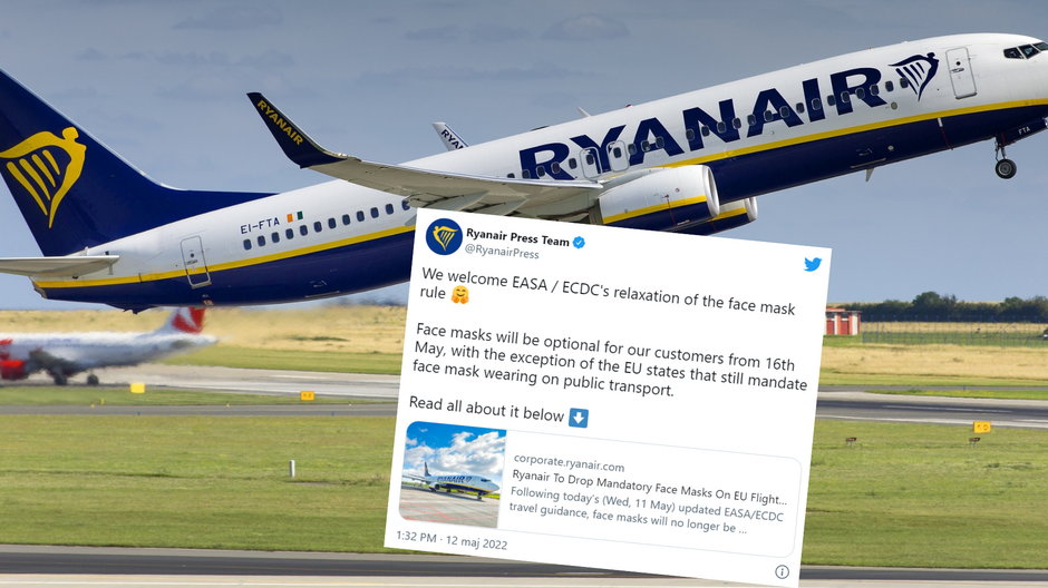 Koniec z maseczkami w samolocie? Ryanair wydał oświadczenie (fot. twitter.com/RyanairPress)