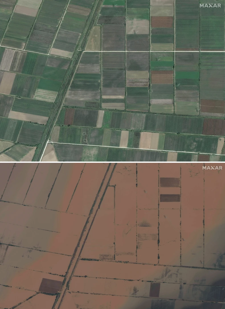 Poplave u Grčkoj na satelitskim slikama - polja kod Proastija u Tesaliji 16. septembra 2022. i 9. septembra 2023. nakon poplava