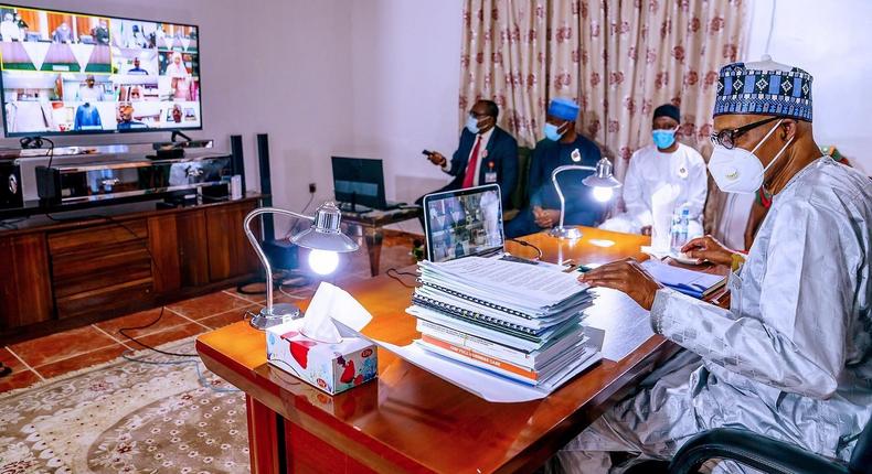 President Muhammadu Buhari joins the virtual Federal Executive Council meeting from his Daura country home in Katsina. [Twitter/@BashirAhmaad]