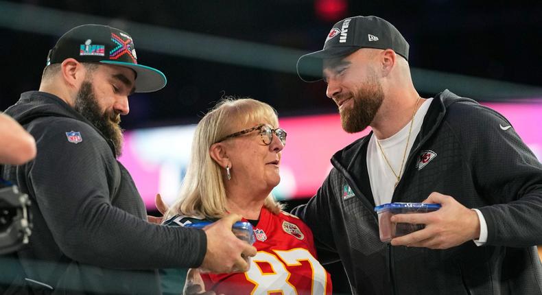 Donna Kelce with her sons, retired Philadelphia Eagles center Jason Kelce, left, and Kansas City Chiefs tight end Travis Kelce.AP Photo/Matt York