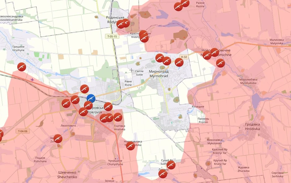 Mapa borbi oko Pokrovska i Mirnograda, 4. novembar 2025.