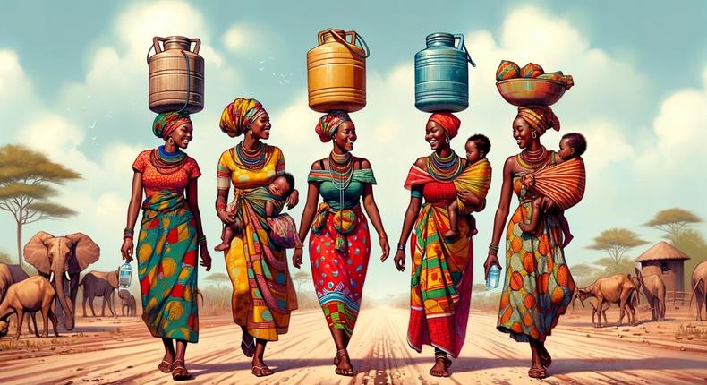 An AI-generated image of African women walking on a dusty road