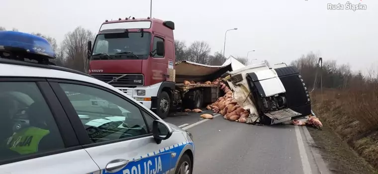 Kłopoty przy autostradzie A4 - droga zablokowana przez mięso