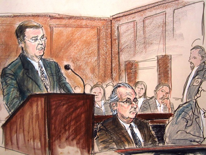 Bernie Madoff, twórca słynnej piramidy finansowej w oczekiwaniu na przesłuchanie,2009. / rys. Elizabeth Williams