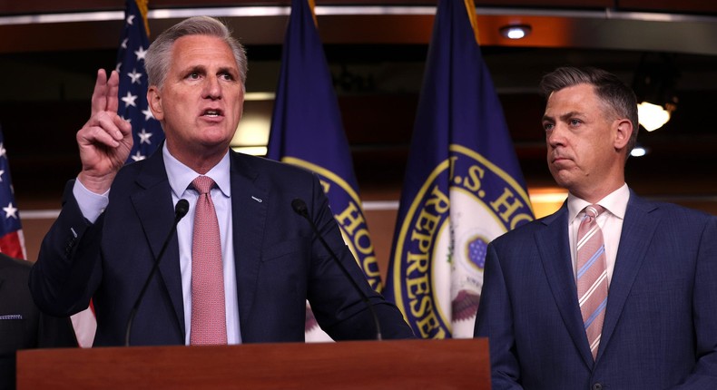 House Minority Leader Kevin McCarthy (L) and Republican Rep. Jim Banks of Indiana (R) at a news conference on July 21, 2021 in Washington, DC.