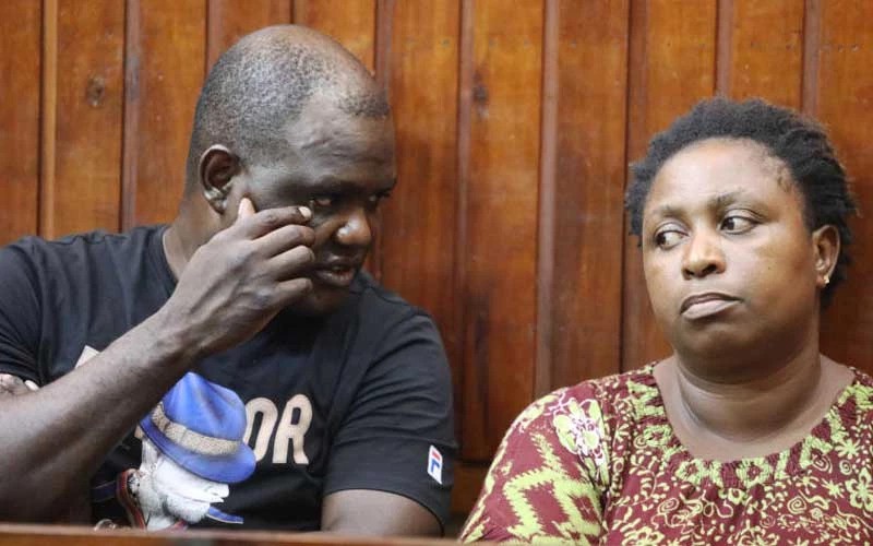 Malindi MP Aisha Jumwa Katana (right) and Geoffrey Okuto Otieno at a Mombasa court 