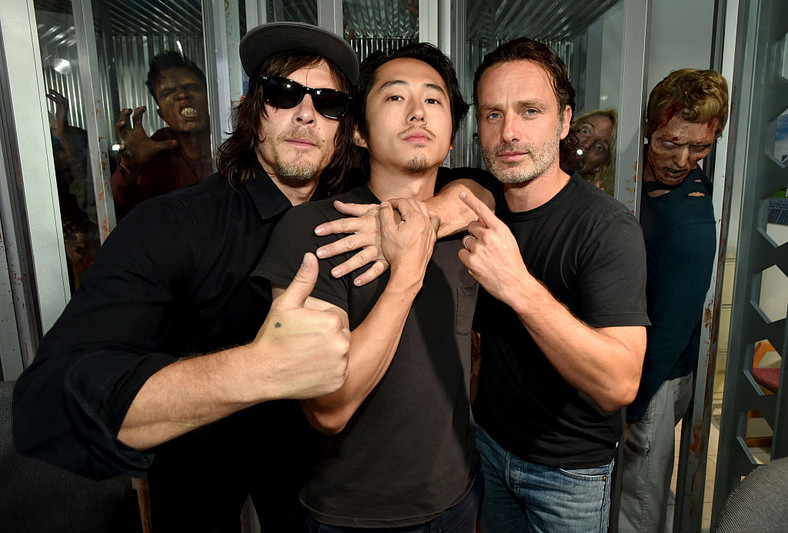 Norman Reedus, Steven Yeun i Andrew Lincoln podczas promowania serialu "The Walking Dead" (2015)