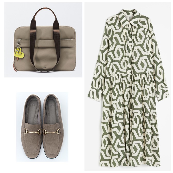 Haljina „H&M“, torba za laptop i mokasine „Parfois“