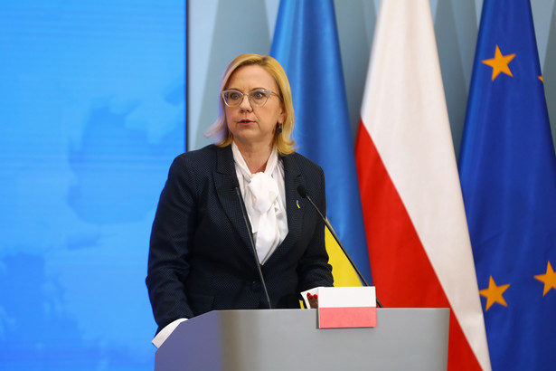 09.05.2022. Minister klimatu i środowiska Anna Moskwa podczas konferencji prasowej w Kancelarii Prezesa Rady Ministrów w Warszawie. Spotkanie dotyczyło rozpoczynającego się Polsko-Ukraińskiego Forum Energii.