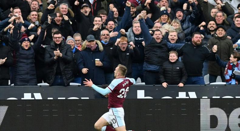 West Ham's Jarrod Bowen celebrates scoring his equaliser against Chelsea Creator: Glyn KIRK