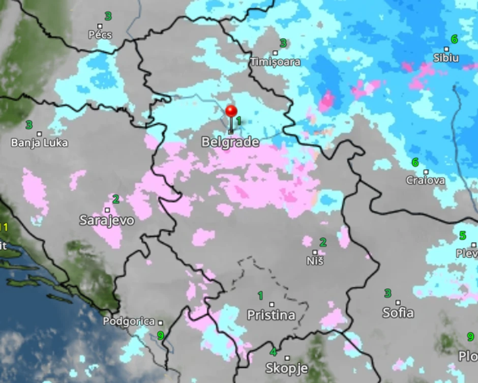 Kretanje padavina u Srbiji u subotu u 18 časova 