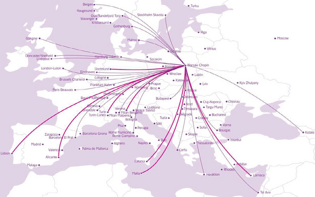 Mapa połączeń WizzAir z Warszawy (nowe trasy zaznaczone grubszą linią). Fot. materiały przewoźnika