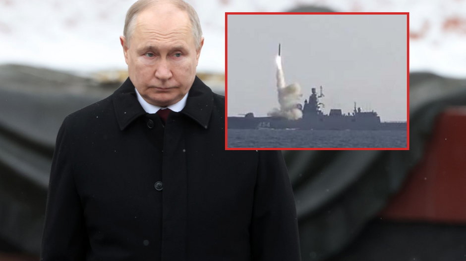 Władimir Putin oraz pocisk hipersoniczny Cyrkon wystrzelony przez frefatę Admirał Gorszkow