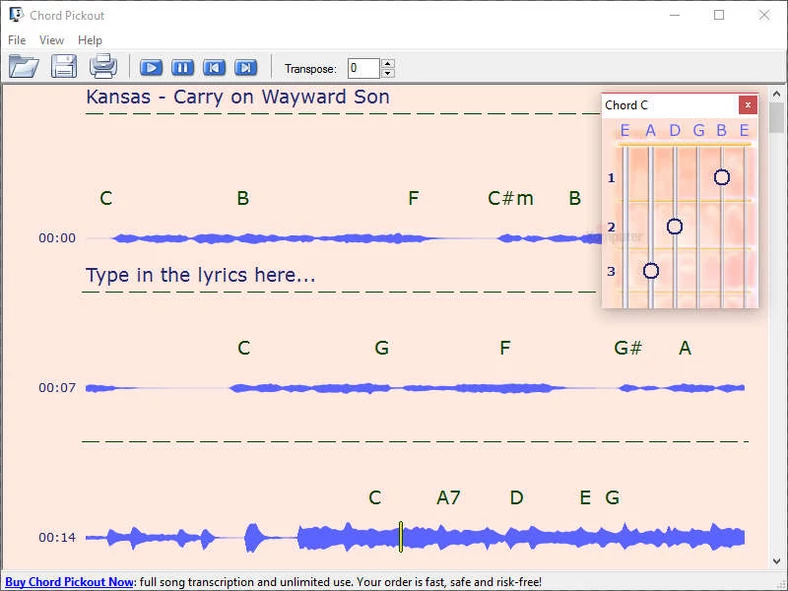 Główne okno programu do analizy muzyki - Chord Pickout