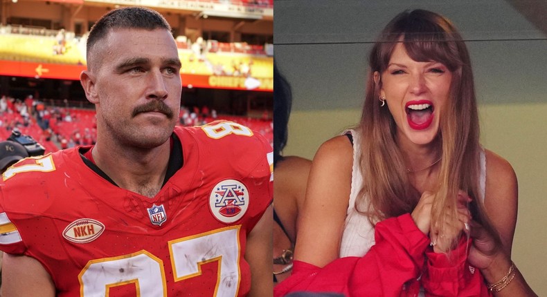 Travis Kelce, left, and Taylor Swift, right, at Arrowhead Stadium.Denny Medley/USA Today Sports via Reuters; Jason Hanna/Getty Images;