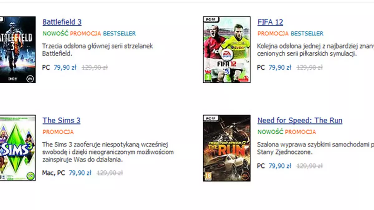 Gry EA w nowych cenach. Battlefield 3, FIFA 12, NFS: The Run i Sims 3 za 79,90 zł!