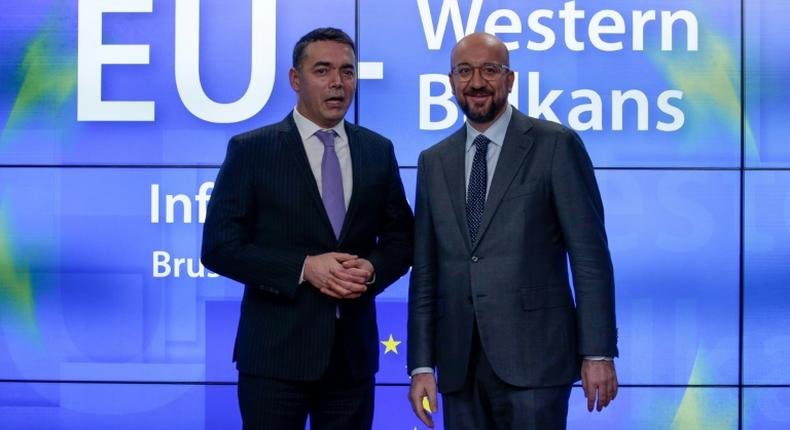 North Macedonia's Foreign Minister Nikola Dimitrov (L) was among Balkan nation leaders who met European Council President Charles Michel for talks