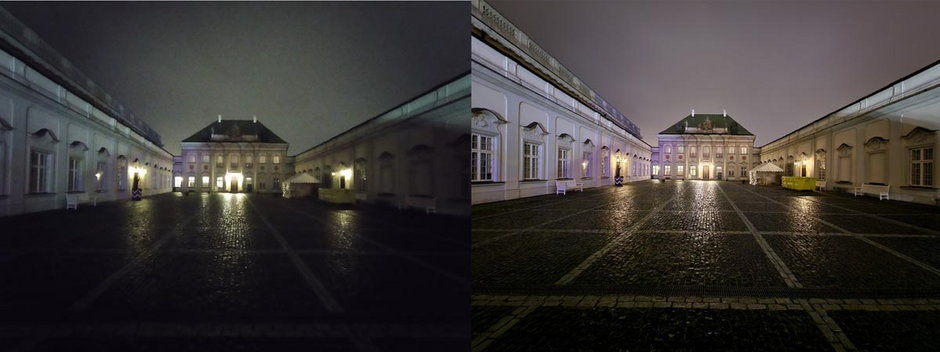 Zdjęcia nocne wykonane modułami szerokokątnymi - po lewej Redmi Note 11, po prawej Galaxy S22 Ultra (kliknij, aby powiększyć)