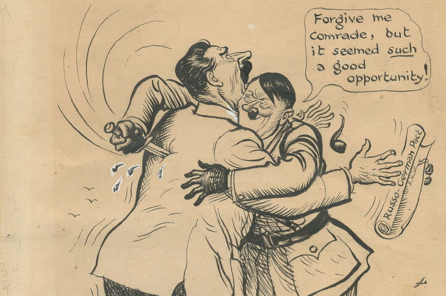 Karykatura ilustrująca atak Niemiec na ZSRR. Hitler mówi do Stalina: "wybaczycie towarzyszu, ale to była naprawdę dobra okazja"