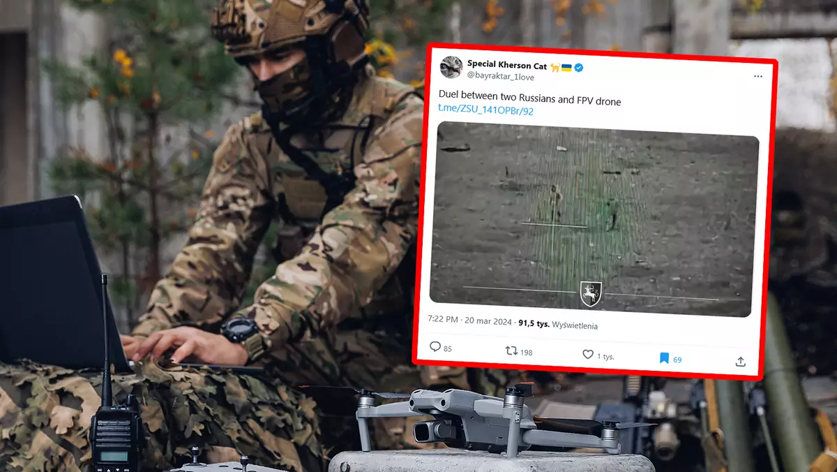 Rosjanin walczy łopatą z dronem kamikadze