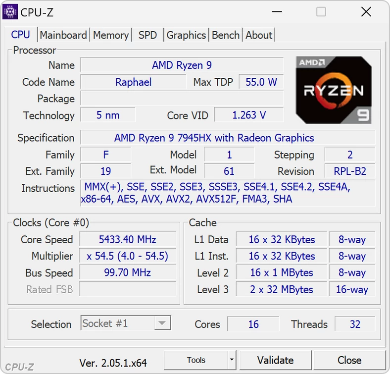 CPU-Z – specyfikacja procesora AMD Ryzen 9 7945HX