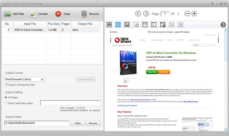 Główne okno programu do konwersji dokumentów PDF - Lighten PDF to Word Converter