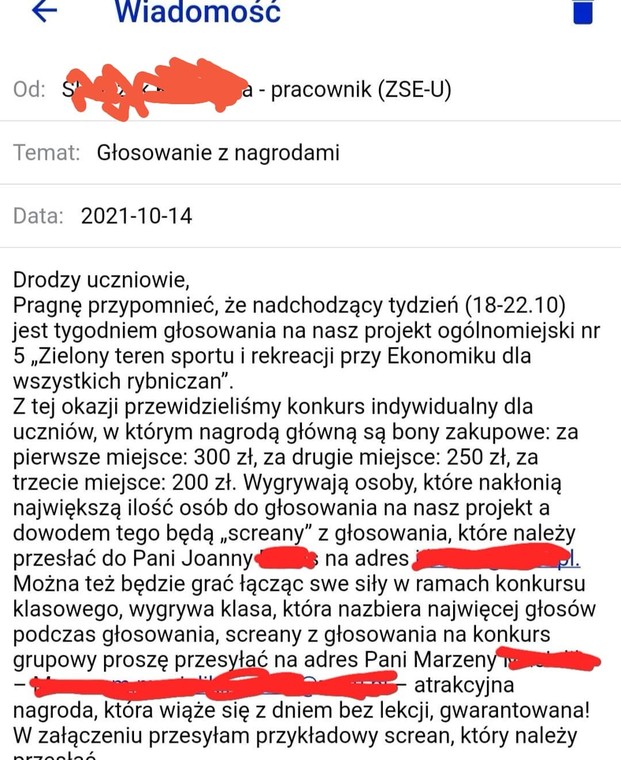 Zrzut ekranu wiadomości e-mail jednego z pracowników szkoły