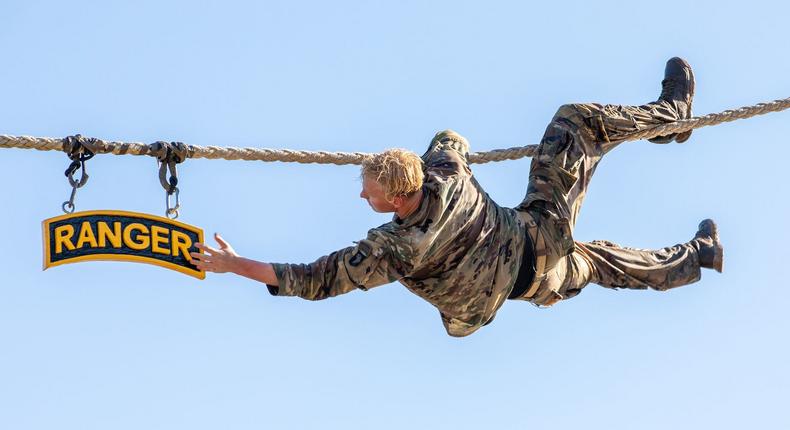 A US Army Ranger completes a rope crawl during the Best Ranger Competition at Fort Benning in Georgia in April 2022.US Army/Spc. Ethan Scofield