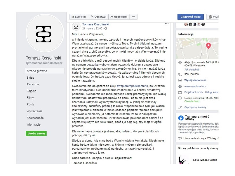 Widok postu zamieszczonego na profilu Tomasza Ossolińskiego na Facebooku