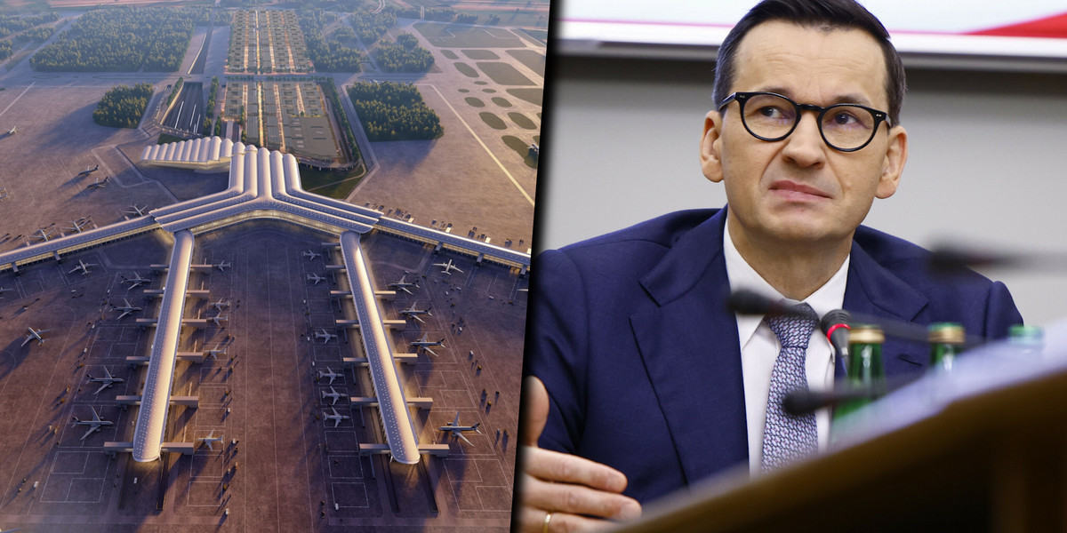 Wizualizacja lotniska CPK i były premier Mateusz Morawiecki.