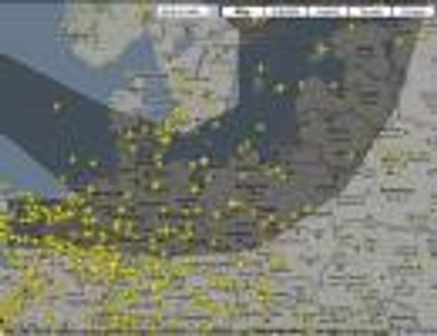 Chmura pyłów wulkanicznych nad Polską - 25.05.2011, wizualizacja flightradar24.com