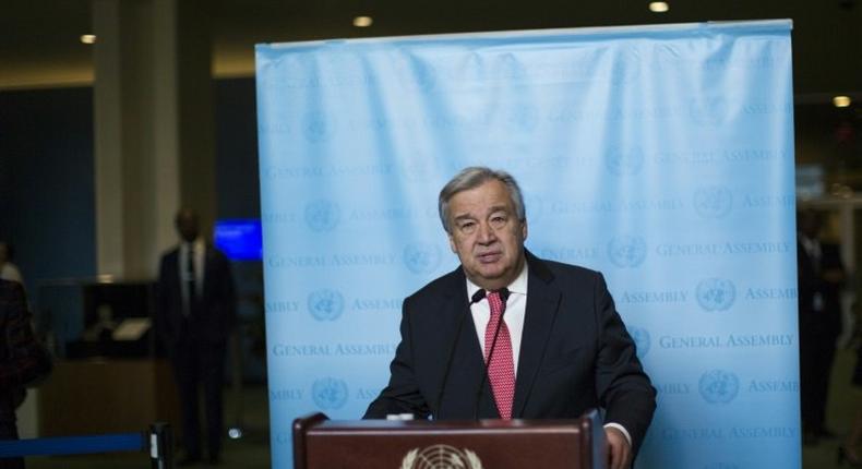 Antonio Guterres speaks to the media after being sworn in as UN secretary general December 12, 2016