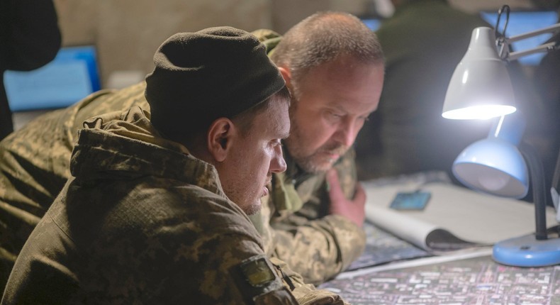 Ukrainian troops in a headquarters located in the basement of a building in Bakhmut in April.Viktor Fridshon/Global Images Ukraine via Getty Images