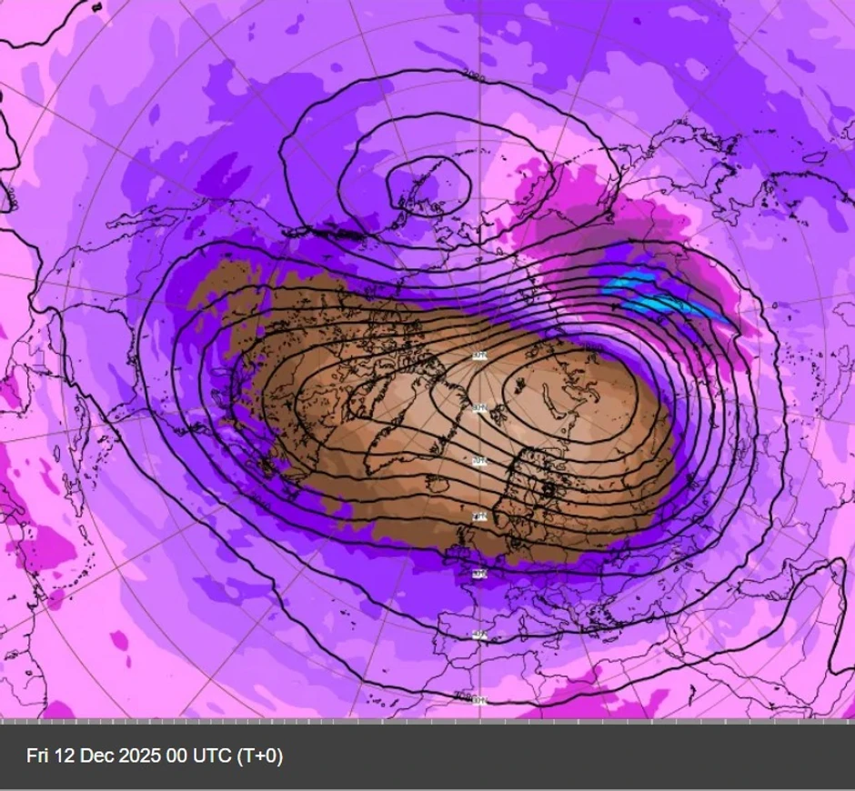 "Izražena dislokacija sa retrogradnim kretanjem polarnog vrtloga u stratosferi prema Evropi što će doneti zimu u skladu sa kalendarom" - 12. decembar