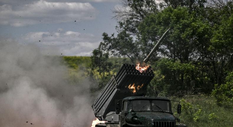 Ukrainian troops fire with surface-to-surface rockets MLRS towards Russian positions at a front line in the eastern Ukrainian region of Donbas on June 7, 2022.