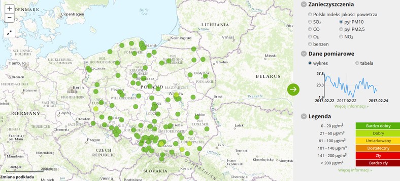 Stężenie pyłu PM 10 - 2017-02-24 od godziny 5:00 do 6:00