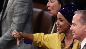 Democratic Rep. Ilhan Omar of Minnesota gives a thumbs-down during a vote to adjourn in the House chamber during the third day of elections for Speaker of the House at the US Capitol Building on January 5, 2023 in Washington, DC.Win McNamee/Getty Images