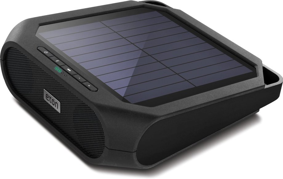 Eton's Rugged Rukus music player uses solar power as its source of power and bluetooth to stream music. It comes built-in with durable sides and handle, making it ideal for camping and outdoor use.