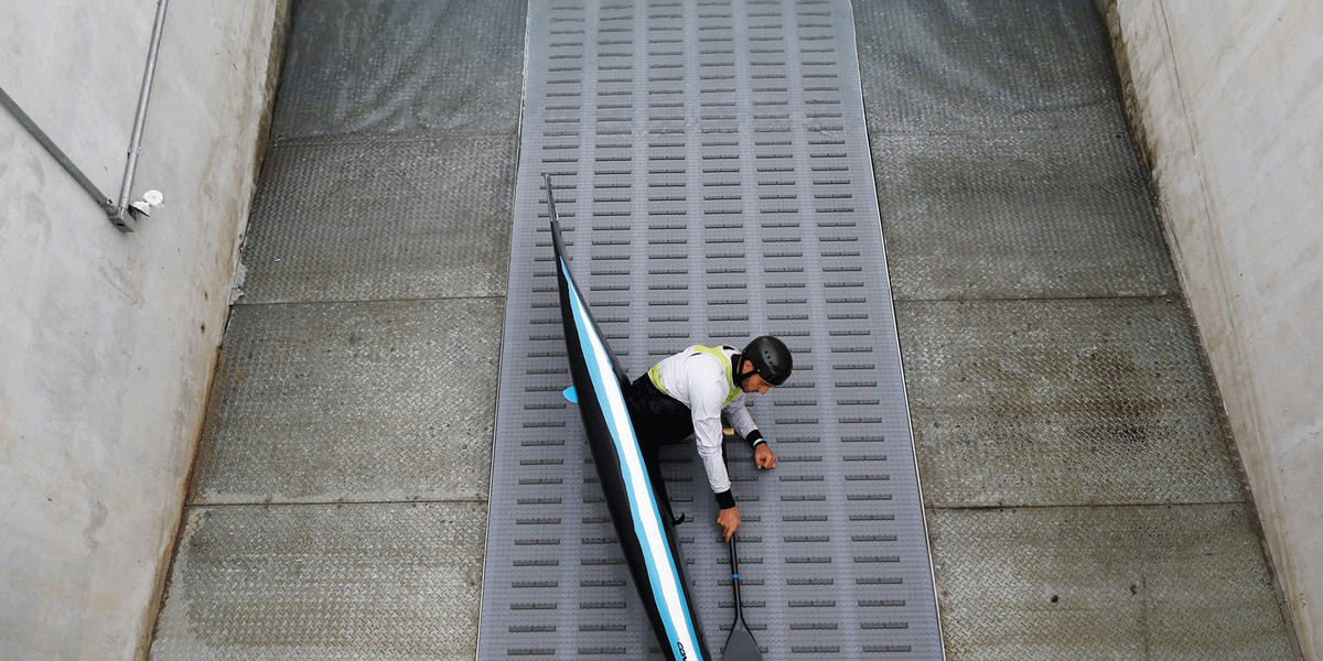 Canoe slalom training at Whitewater Stadium in Rio de Janeiro.