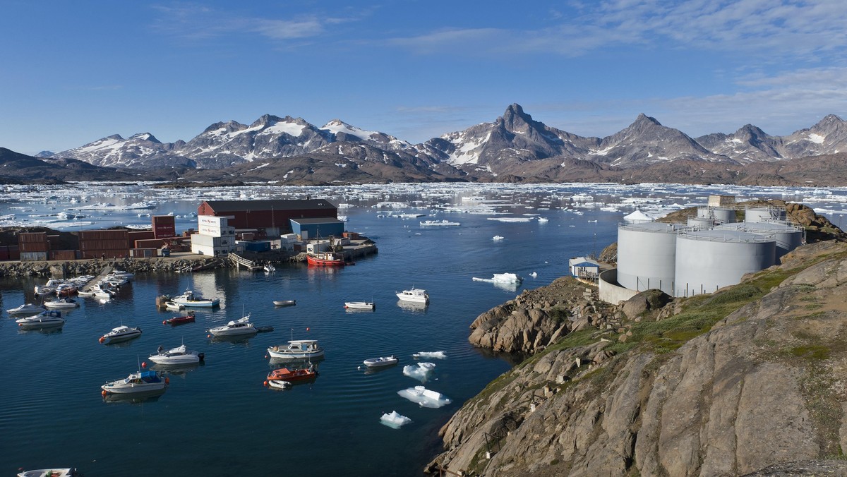 Harbour with oil tanks, Tasiilaq or Ammassalik, East Greenland, Greenland, North America