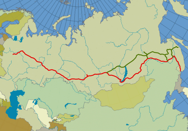 Linia transsyberyjska - linia czerwona oraz Kolej Bajkalsko-Amurska - linia zielona