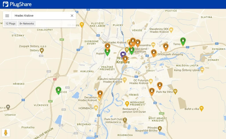 Mapa ładowarek w Hradecu Kralowe w Czechach (zrzut ekranu)