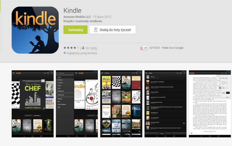 <b>Kindle</b>
<br><br>
Jest wiele aplikacji umożliwiających e-czytanie, ale tylko jeden Kindle. Aplikacja ta daje nam również dostęp do bogatej kolekcji e-booków i ich darmowych 