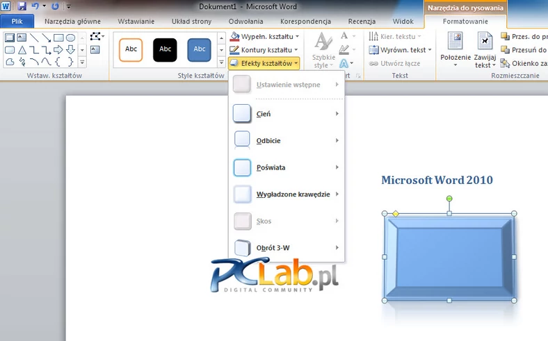 MS Word 2010 – nowe efekty kształtów (kliknij, aby powiększyć)