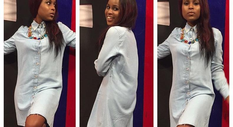 Berla Mundi totally rocks in this shirt dress over heels