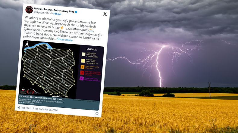 Cała Polska zagrożona burzami. Łowcy Burz pokazali mapę (screen: twitter/Polscy Łowcy Burz)