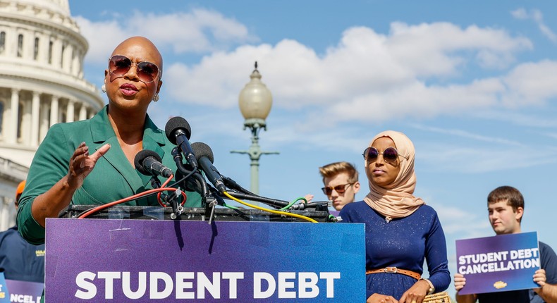 Rep. Ayanna Pressley (D-MA) speaks during a press conference held to celebrate U.S. President Joe Biden cancelling student debt on Capitol Hill on September 29, 2022 in Washington, DC.Jemal Countess/Getty Images for We, The 45 Million