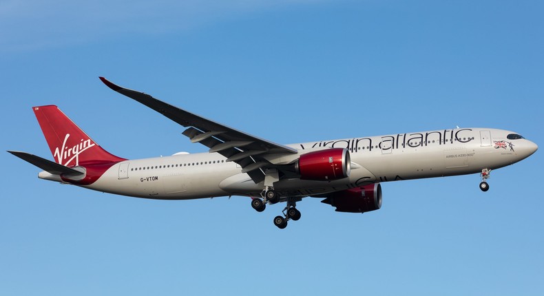 A Virgin Atlantic Airbus A330 flies over London in December 2022.Robert Smith/MI News/NurPhoto via Getty Images